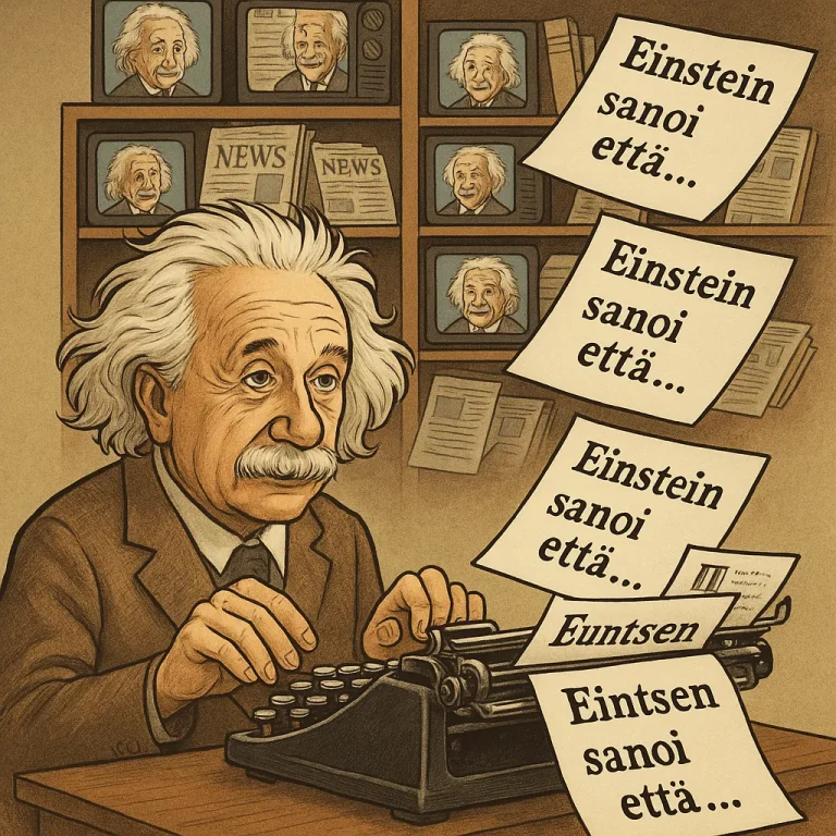 Karikatyyri Einsteinista kirjoituskoneella, josta tulvii "Einstein-sitaatteja".