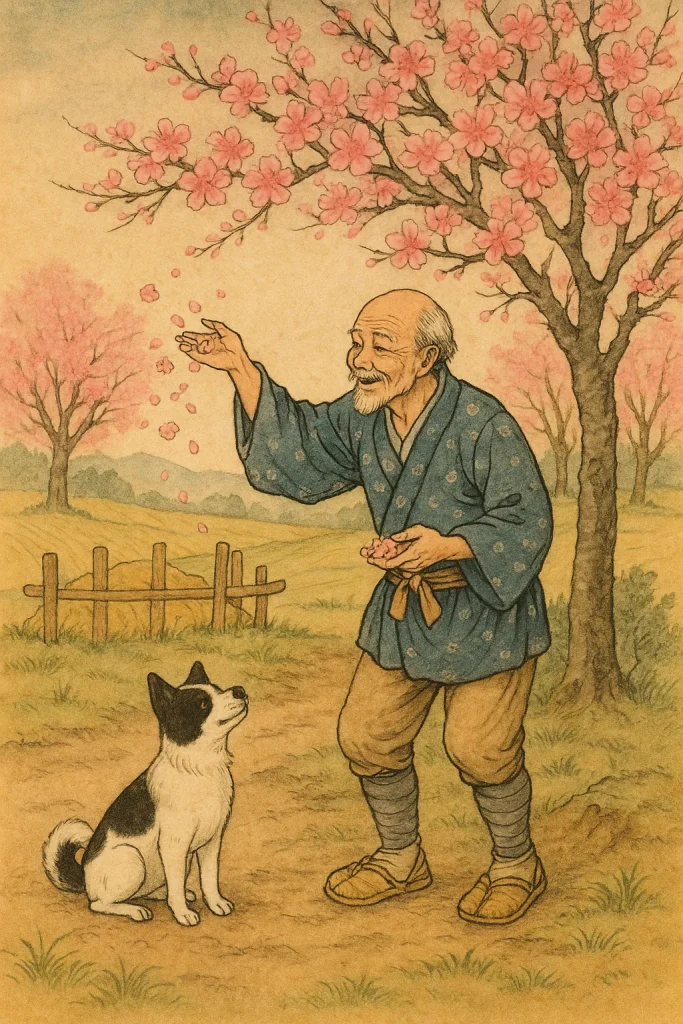 Japanilainen mies, koira ja kukkivat kirsikkapuut perinteisessä vesivärikuvassa.