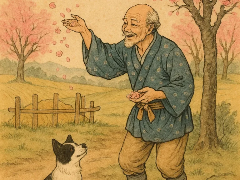 Japanilainen mies, koira ja kukkivat kirsikkapuut perinteisessä vesivärikuvassa.