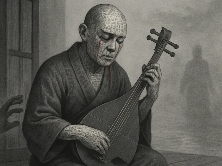 Sokea Hōichi istuu temppelin kuistilla biwa-soitin sylissään, kasvoilla keskittynyt ilme, korvat verta vuotaen.