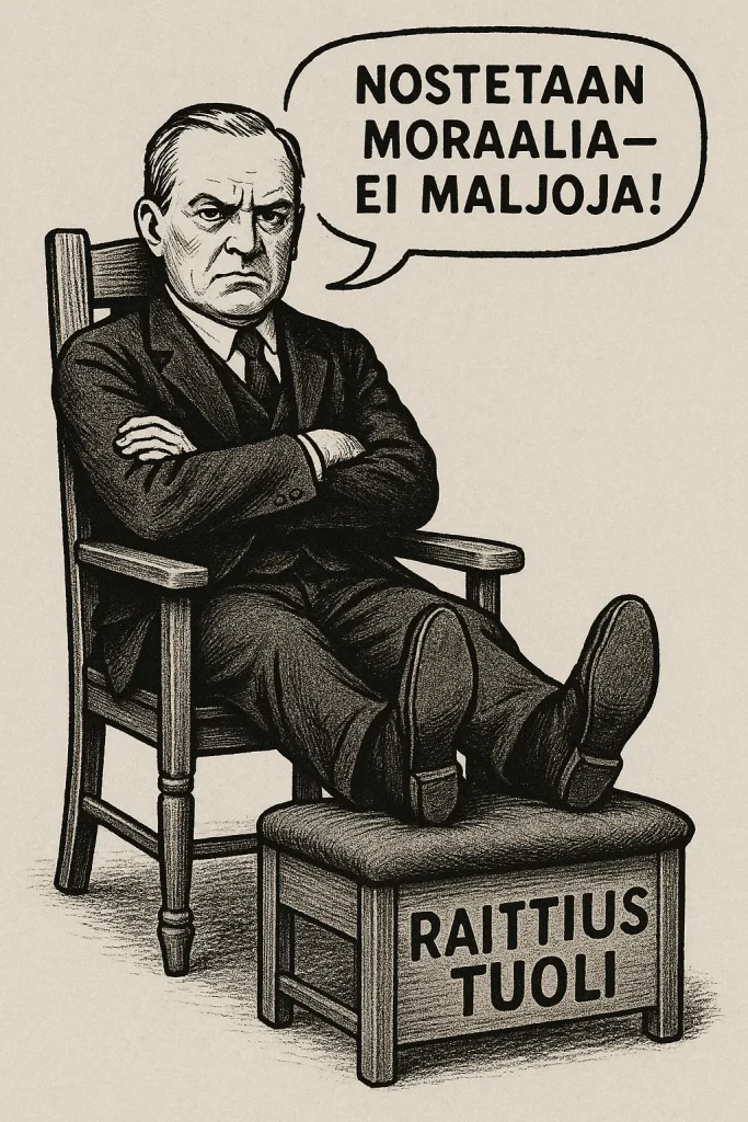 Raittiustuolissa istuva raittiushenkilö valistaa viinapirun vaaroista.