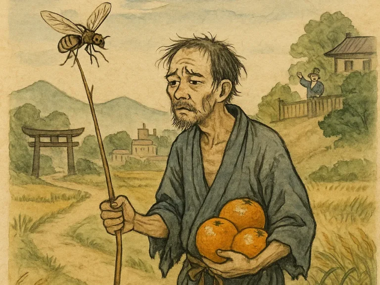 Ryysyläinen oljenkorsi kädessään japanilaisessa maalaismaisemassa; taustalla peltoja ja temppeli.