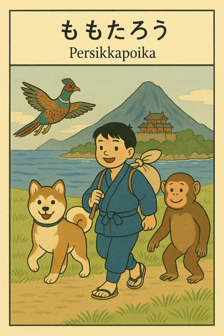 Perinteinen piirros Momotarōsta seuranaan shiba-inu, japaninmakaki ja fasaani. Taustalla siintää Onisaari ja sen linna.