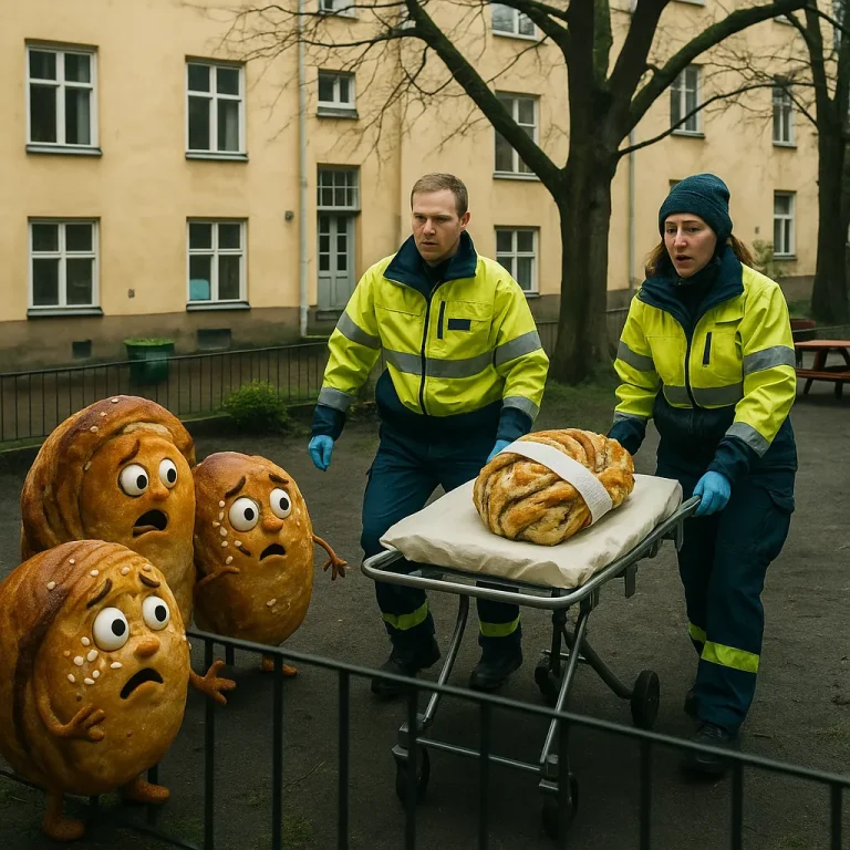 Järkyttynyt pullaperhe seuraa, kun ensiapuhenkilöstö kantaa paareilla loukkaantunutta korvapuustia.