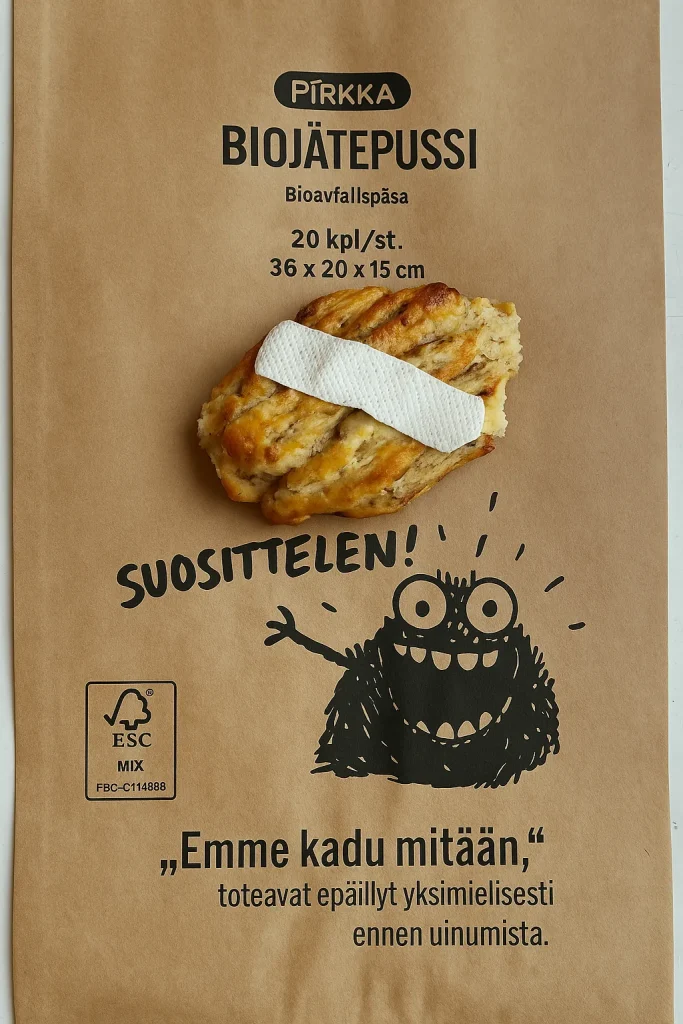 Kissan n&auml;vert&auml;m&auml; korvapuusti p&auml;&auml;tyy bioj&auml;tepussiin