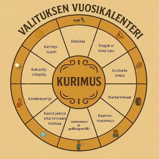 Graafinen kehämalli, jossa symbolit ja sanat kuvaavat kymmenen valituksen aihetta ironisena kalenterina.
