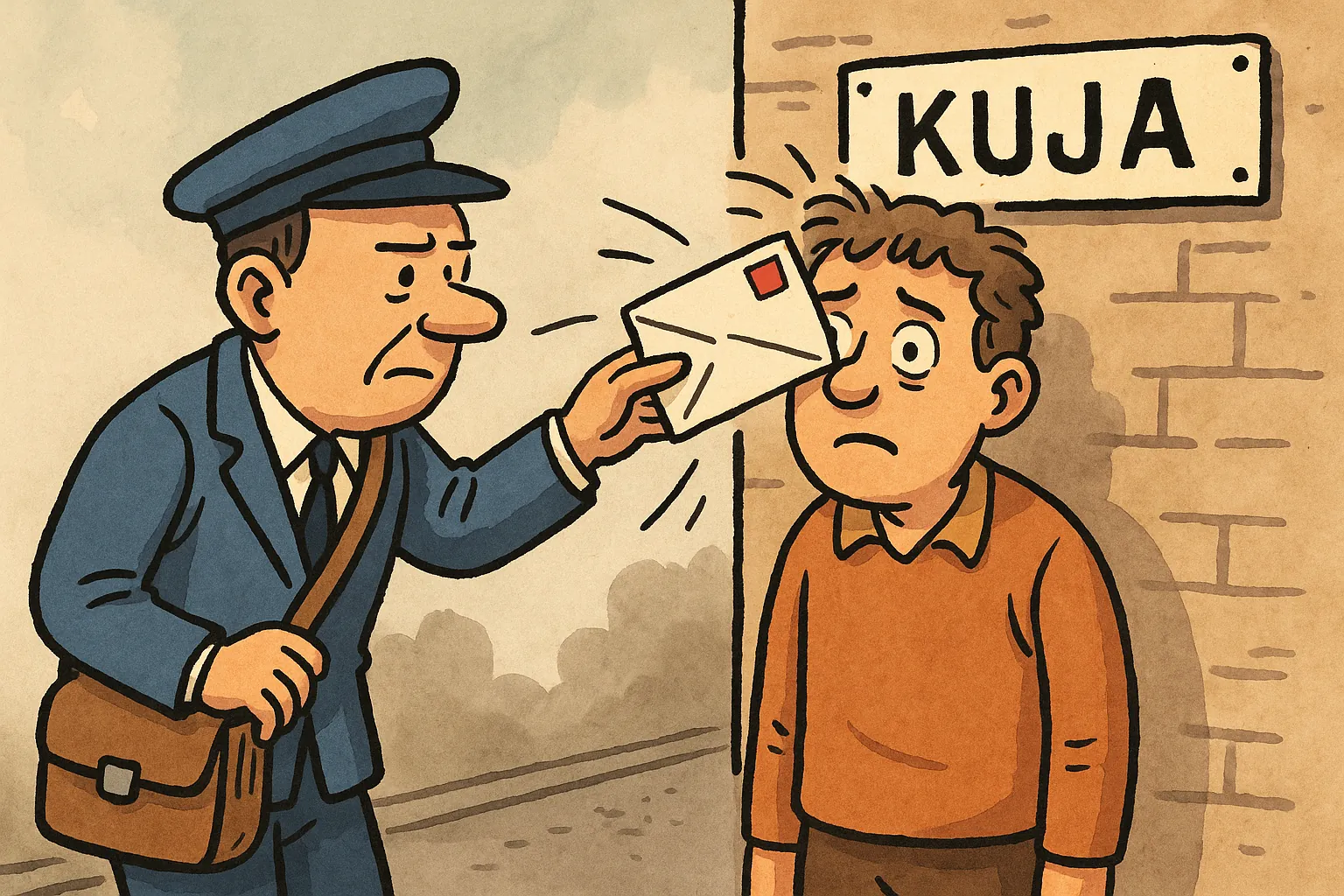 Kusti polkee kirjettä vastaanottajalle
