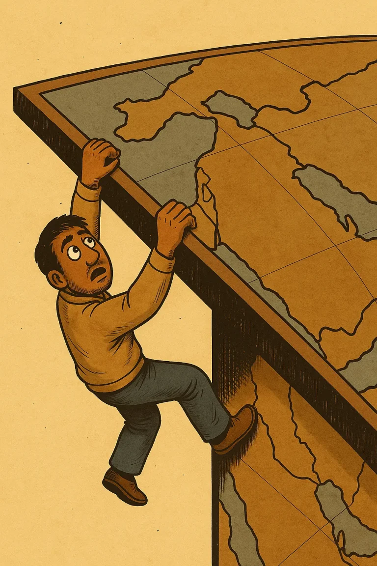 Lähi-idän kartan reunalla roikkuva mies kuvaa tasapainoilua vaikeassa geopoliittisessa tilanteessa.