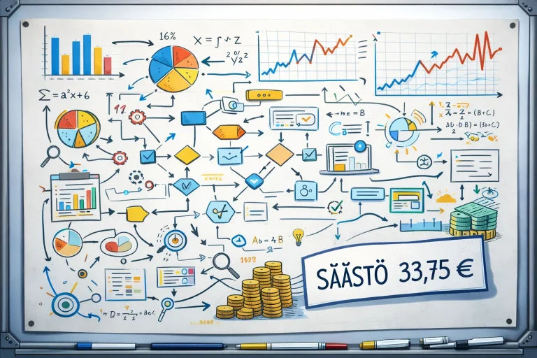 Monimutkainen kaavio ja nuolia, joiden lopussa käsin kirjoitettu teksti ”SÄÄSTÖ 33,75 €”