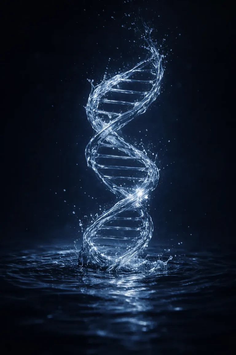 DNA-kaksoiskierre nousee veden pinnasta symboloiden elämän syntyä ja veden merkitystä biologisille rakenteille.