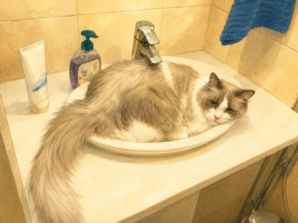 Kissa vilvoittelee lavuaarissa