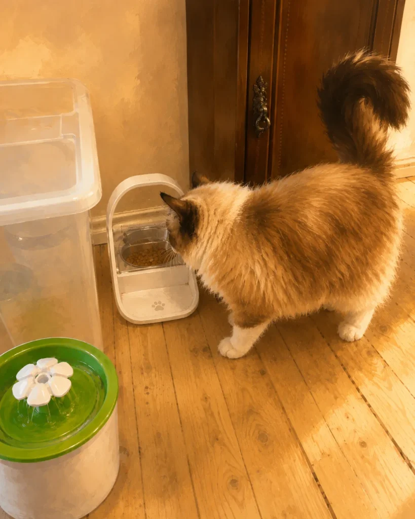 Ragdoll tutkii uutta ruokinta-automaattia.