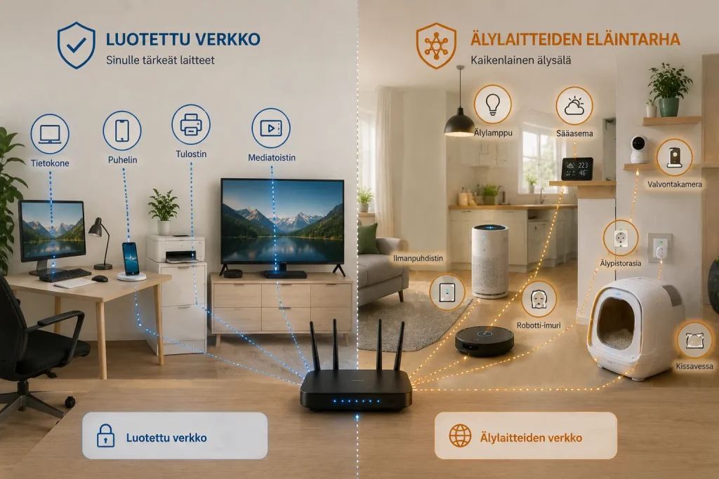 Kotiverkko ja vierasverkko eriytettynä. Luotetut laitteet ovat omassa verkossaan ja älylaitteet erillisessä rinnakkaisverkossa.