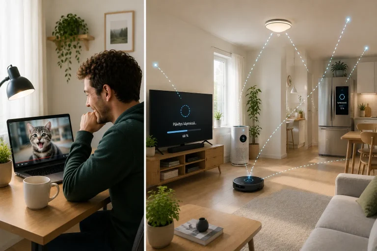 Esineiden internet (IoT) kotona. Käyttäjä katsoo kissavideota samalla kun muut internetiin yhteydessä olevat kodin älylaitteet jakavat tietoa taustalla.