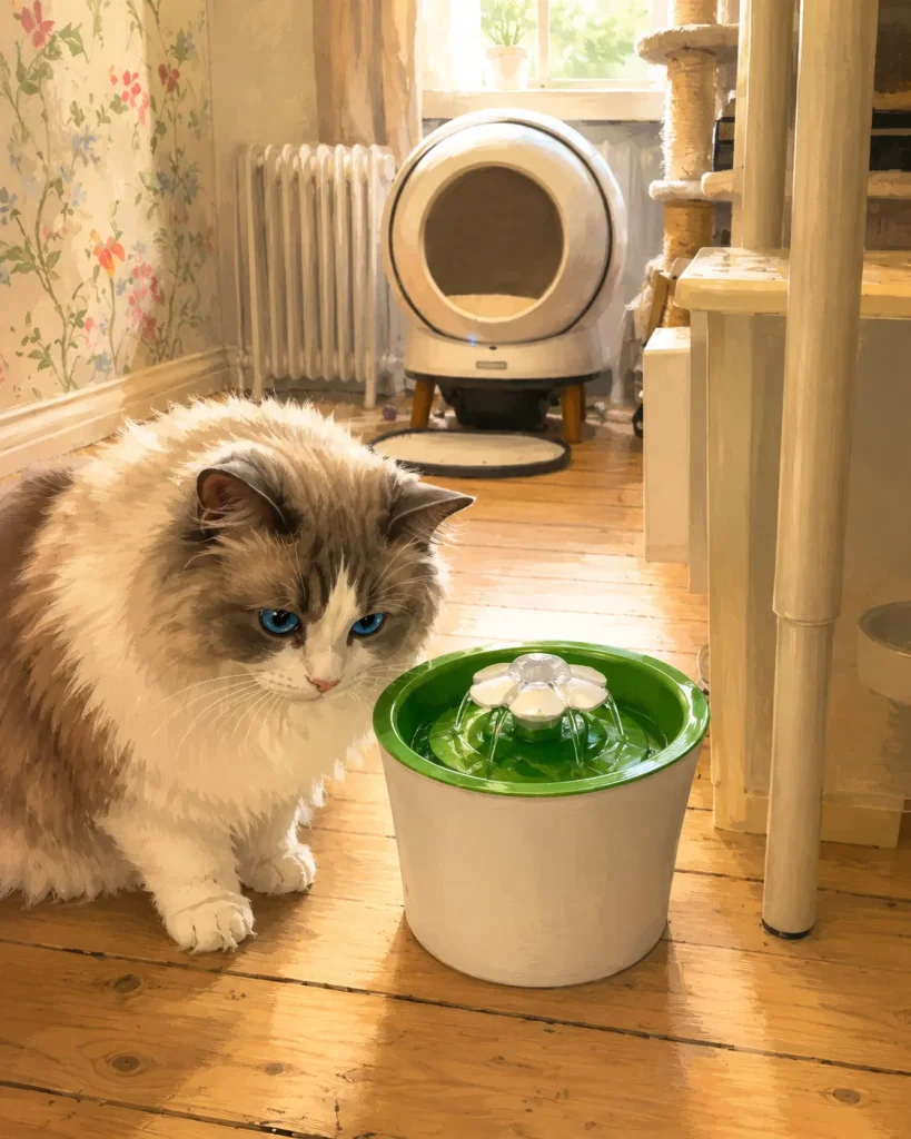 Ragdoll ihmettelee vesilähdettä.